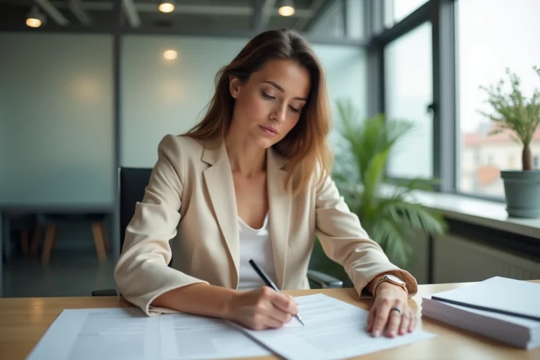 Femme agent immobilier à Rennes examinant un contrat de location dans un bureau moderne