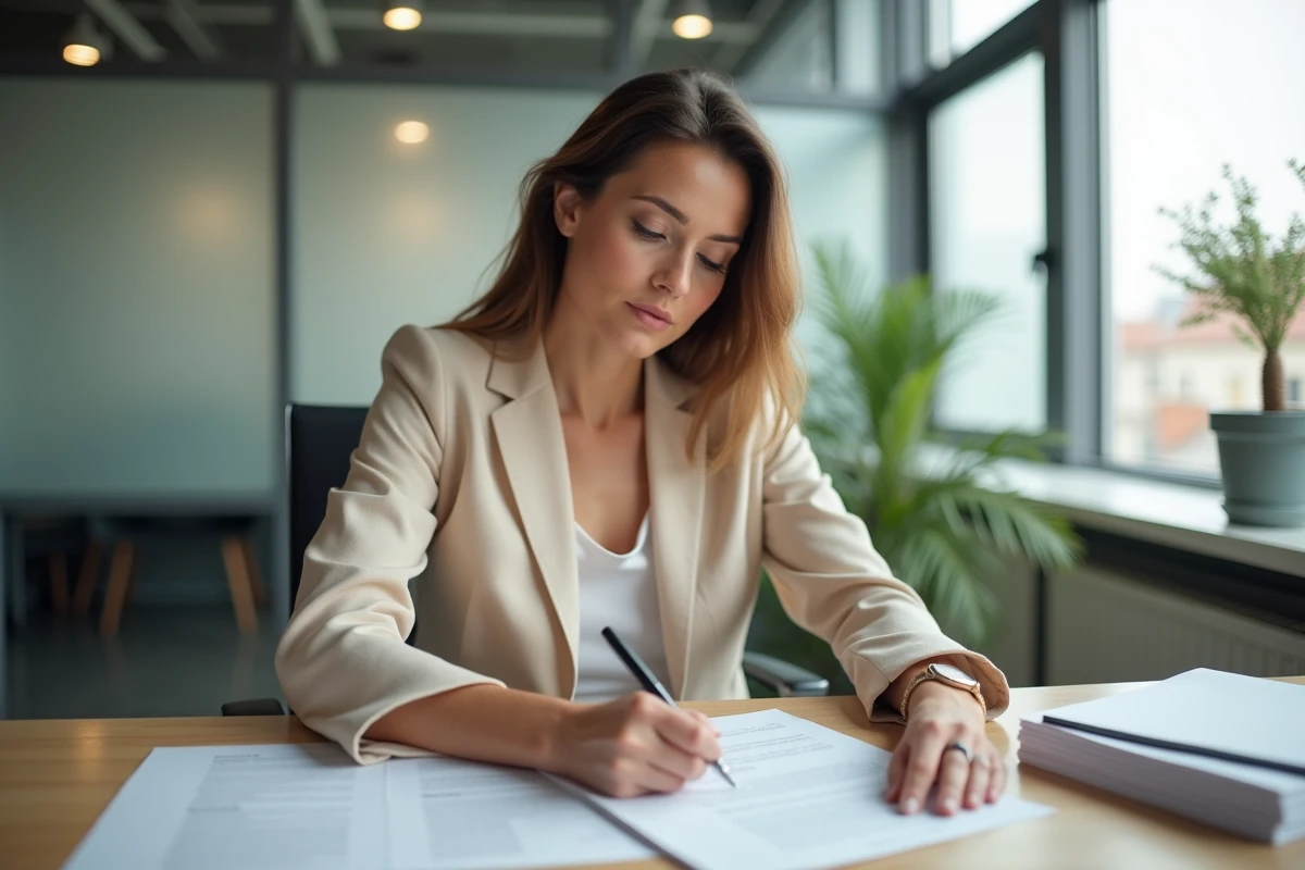 Femme agent immobilier à Rennes examinant un contrat de location dans un bureau moderne