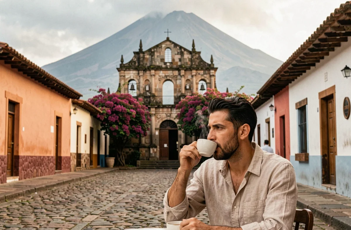 Un voyageur savourant un café sur une terrasse coloniale d'Antigua au Guatemala avec les ruines d'une église baroque et le volcan Agua en toile de fond