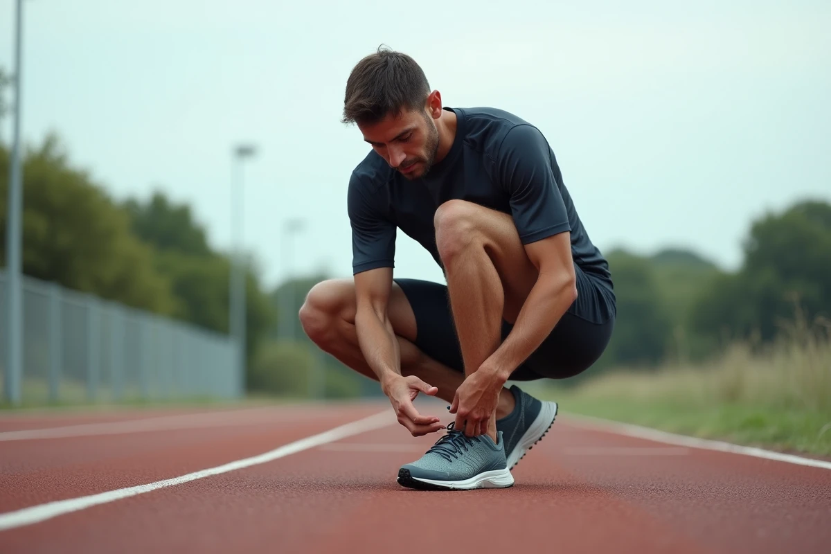 Athlète masculin testant l'ajustement d'une chaussure de trail sur une piste d'athlétisme extérieure