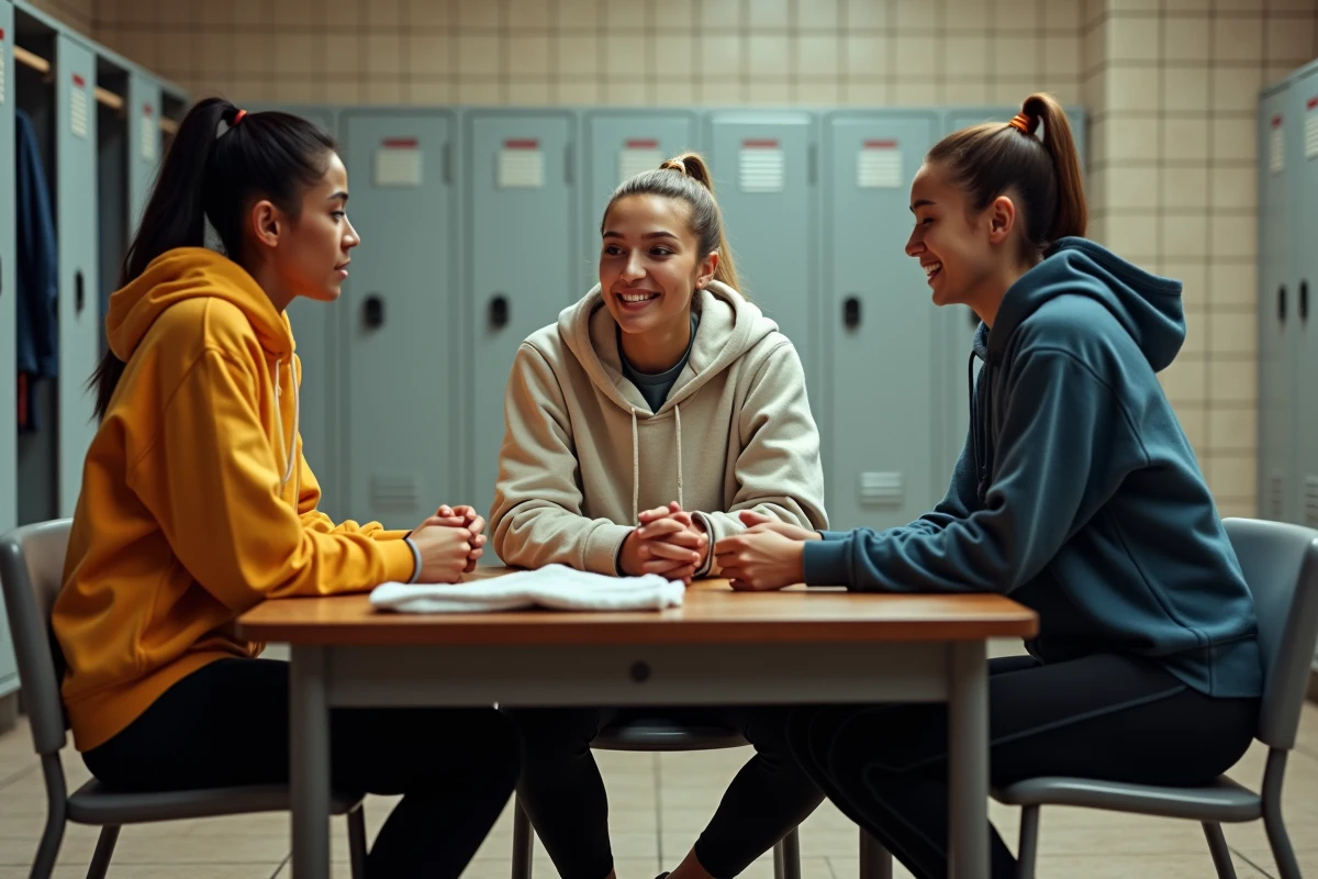 Trois athlètes féminines discutant dans un vestiaire moderne, symbolisant le débat sur l'autonomie corporelle et la liberté des sportives professionnelles