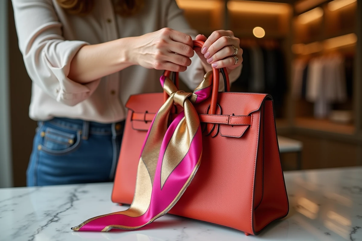 Gavroche Hermès en soie rose et or noué comme décoration sur l'anse d'un sac à main en cuir structuré