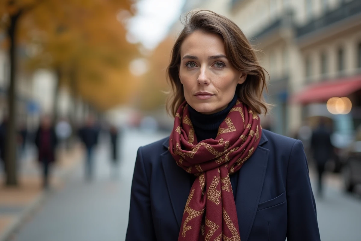 Femme portant un bandana Hermès roulé serré autour du cou comme un choker en soie bordeaux et or