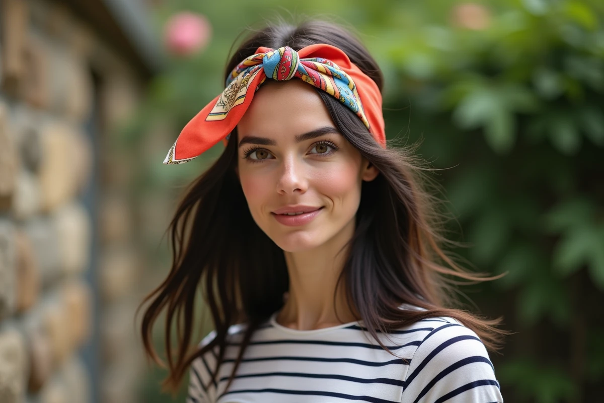 Femme portant un gavroche Hermès en bandeau noué derrière la tête sur ses cheveux bruns lâchés