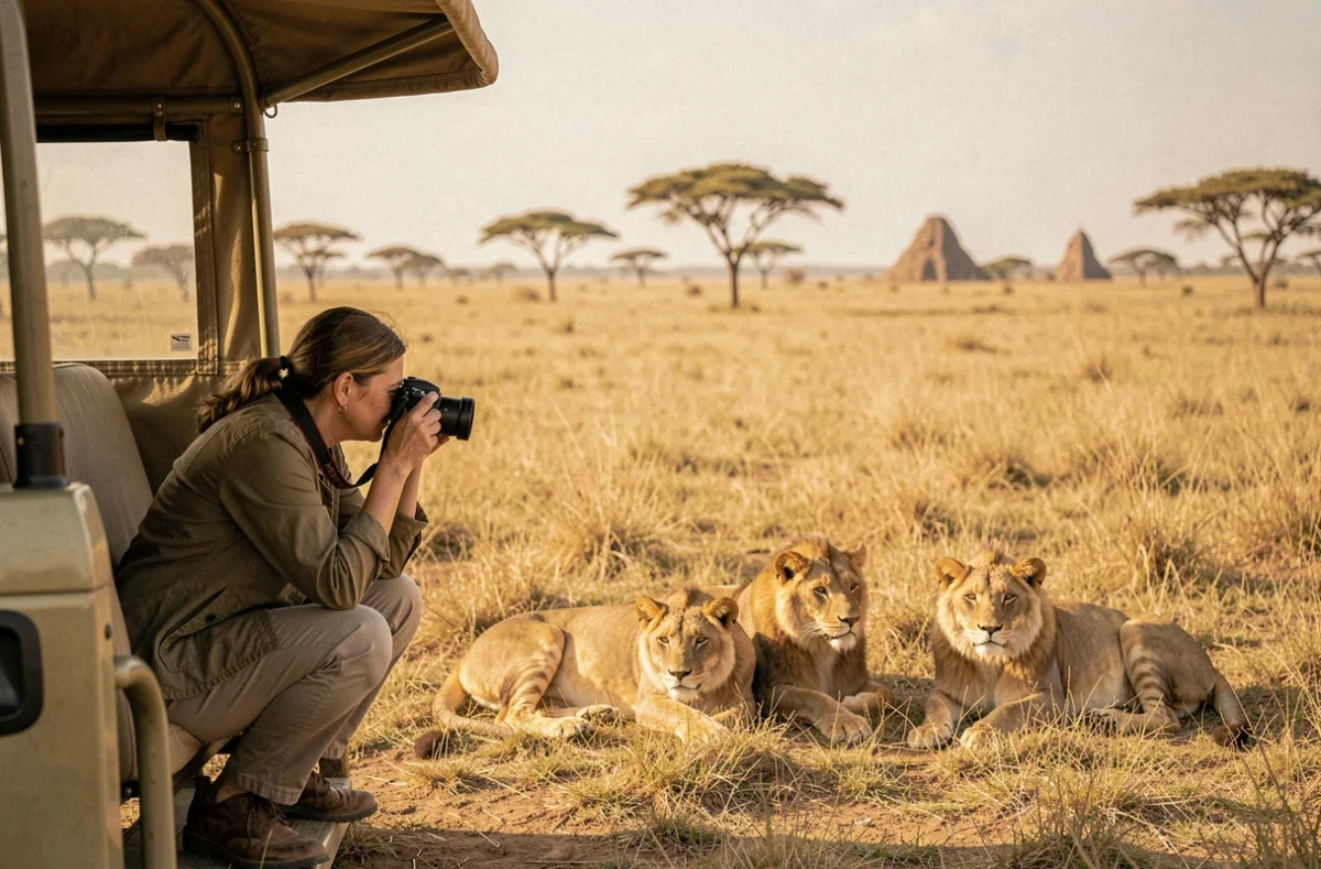 Une photographe animalière observant une fierté de lions au repos sur la savane dorée et vide du delta de l'Okavango au Botswana