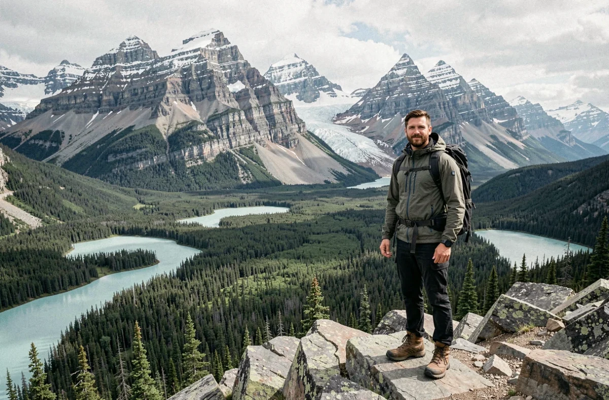 Un randonneur sur une crête rocheuse dominant les lacs glaciaires turquoise et les sommets enneigés des Rocheuses canadiennes dans le parc national de Banff