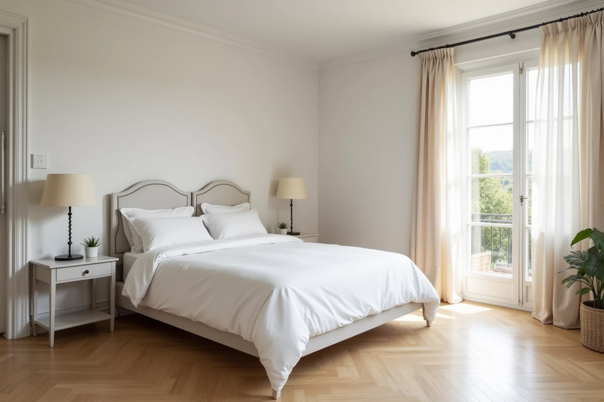 Chambre principale paisible d'une maison 5 pièces avec parquet en chêne, literie blanche et fenêtre avec rideaux voilés