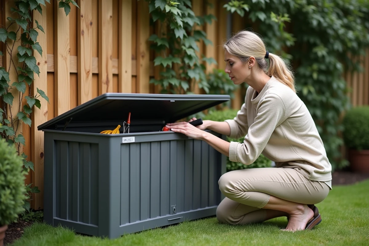 Femme rangeant des outils de jardinage dans un coffre de rangement extérieur en résine gris anthracite
