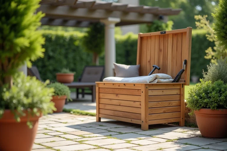 Coffre de rangement extérieur en teck naturel ouvert sur une terrasse de jardin pavée avec des plantes vertes