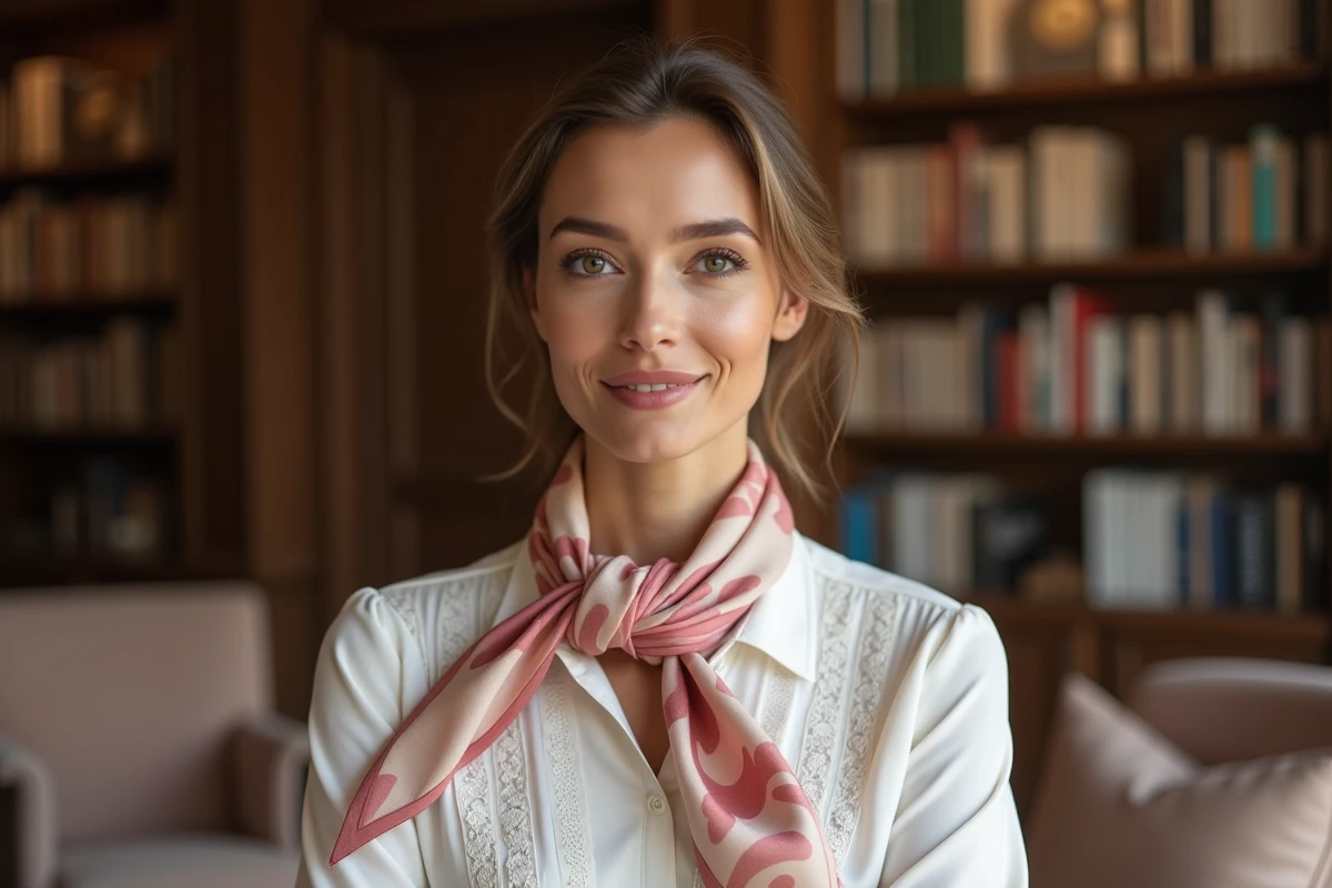 Femme portant un gavroche Hermès en col lavallière torsadé avec un chemisier blanc broderie anglaise