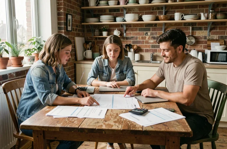 Trois colocataires répartissant les charges et le loyer autour d'une table de cuisine avec des documents et un ordinateur portable