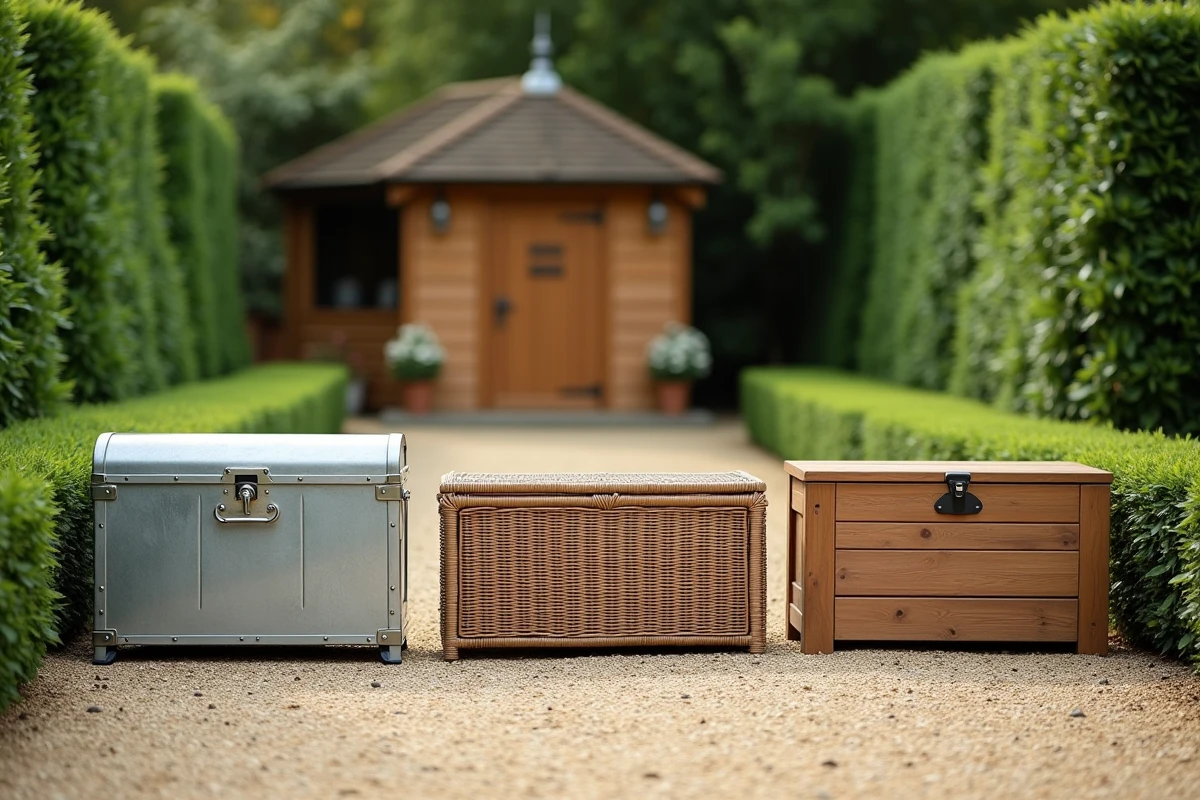 Comparaison de trois coffres de rangement extérieur en acier galvanisé, rotin et bois peint dans un jardin soigné