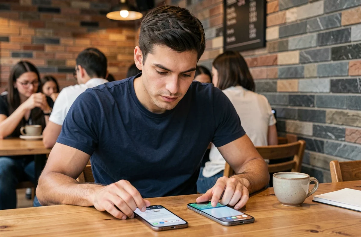 Homme comparant deux smartphones haut de gamme sur une table de café, test comparatif de modèles 2024