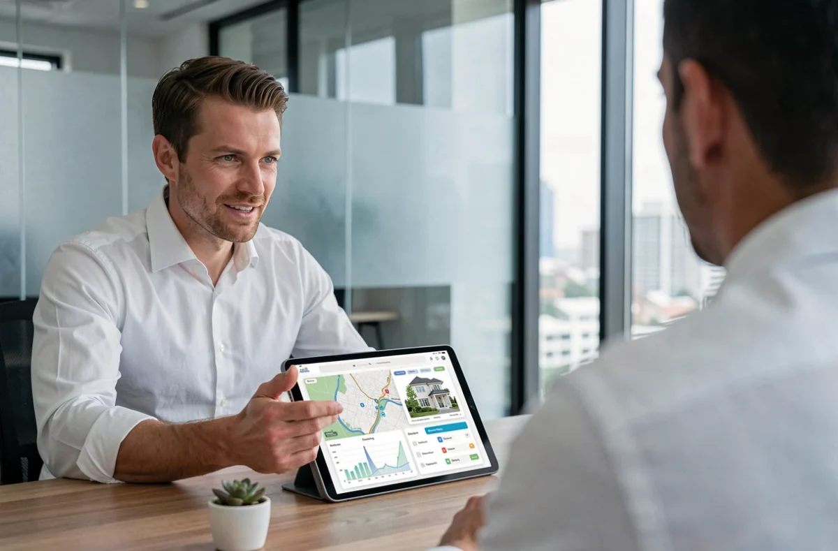 Conseiller immobilier présentant des graphiques de marché sur tablette à un client dans une agence immobilière moderne pour un investissement serein