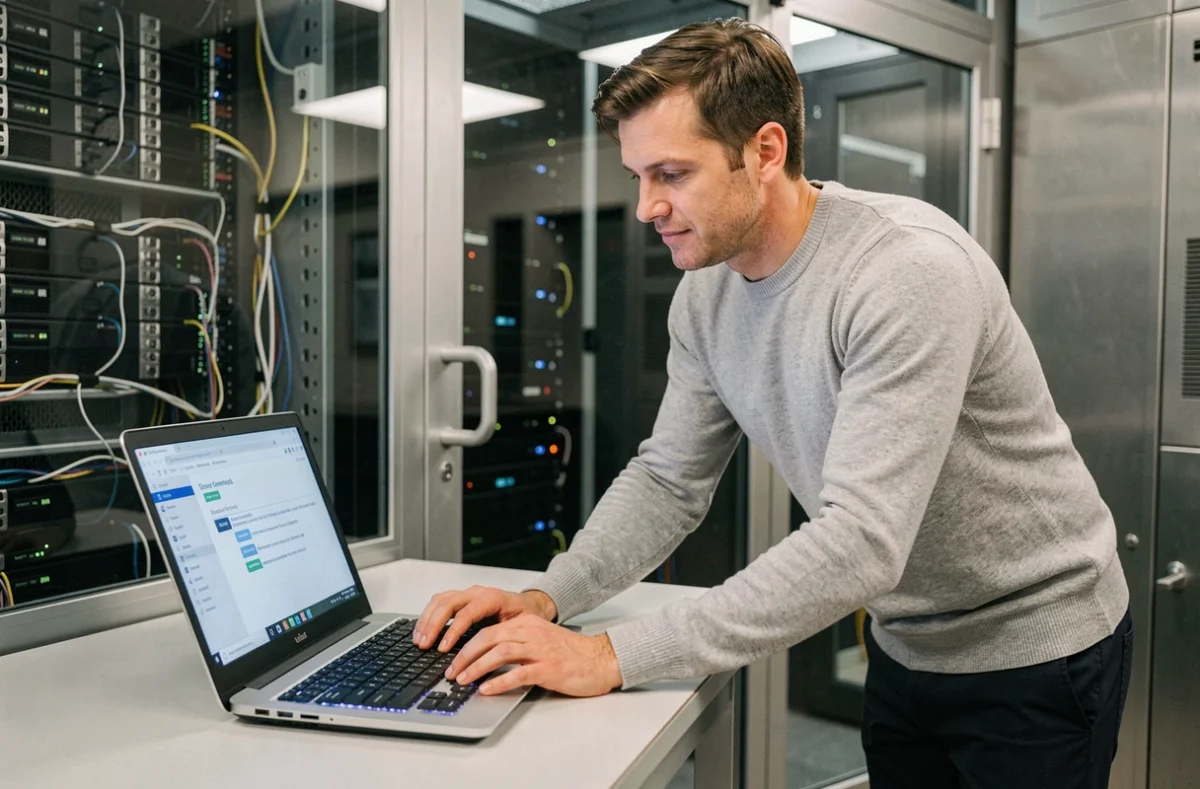 Consultant informatique configurant une solution de gestion de données personnalisée devant une salle de serveurs