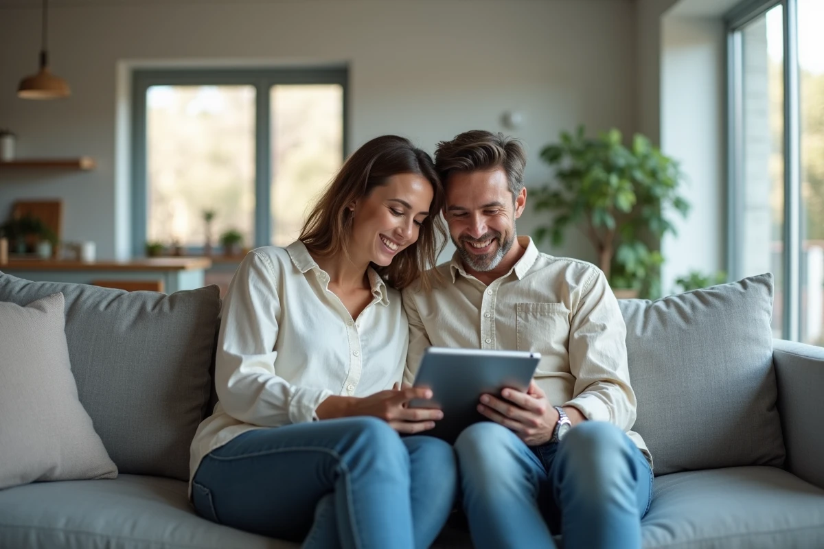 Couple recherchant ensemble des annonces immobilières sur une tablette dans un salon moderne