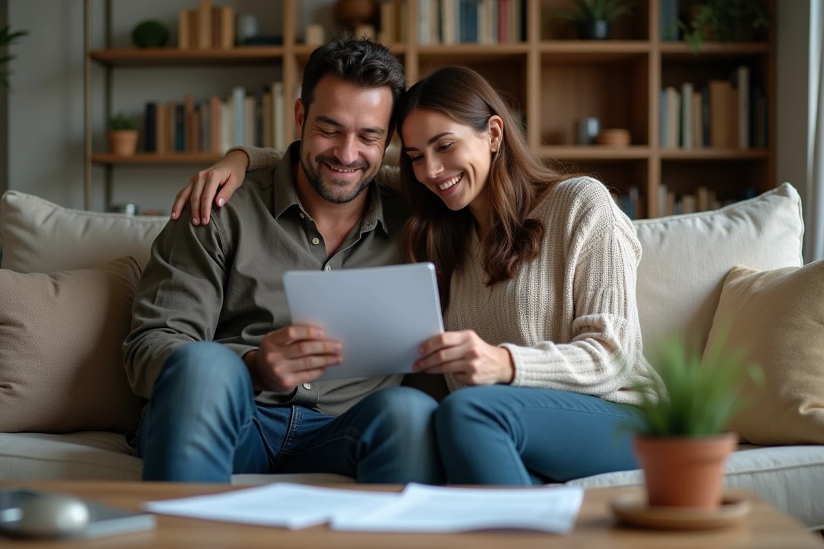 Couple gérant ensemble leurs remboursements d'assurance sur une tablette dans leur salon
