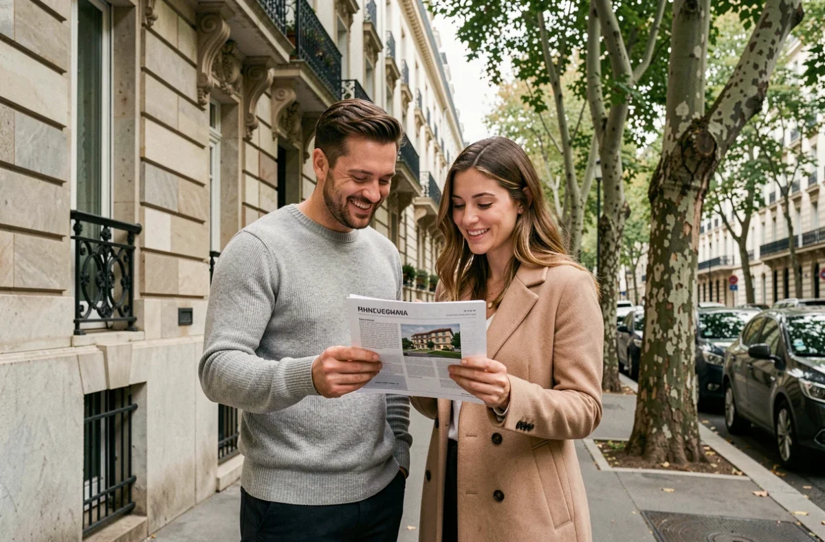 Couple examinant une annonce immobilière devant un immeuble hausmannien dans un quartier résidentiel urbain lors d'un investissement immobilier