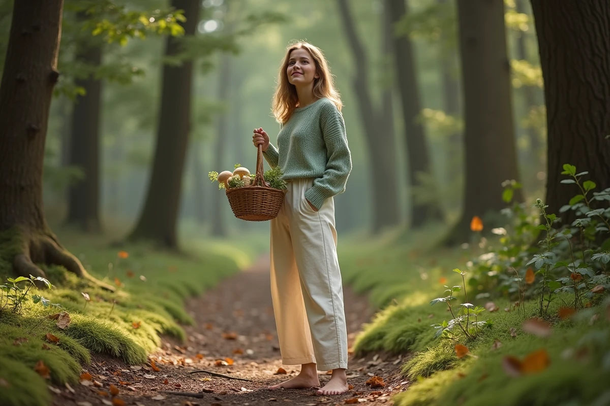 Jeune femme se promenant pieds nus dans une forêt automnale en cueillant des herbes sauvages dans un panier tressé