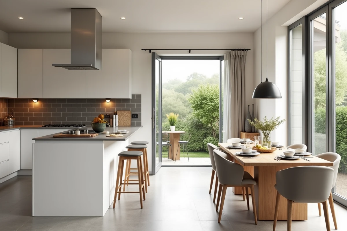Cuisine ouverte sur salle à manger dans une maison 5 pièces moderne avec îlot central et porte-fenêtre