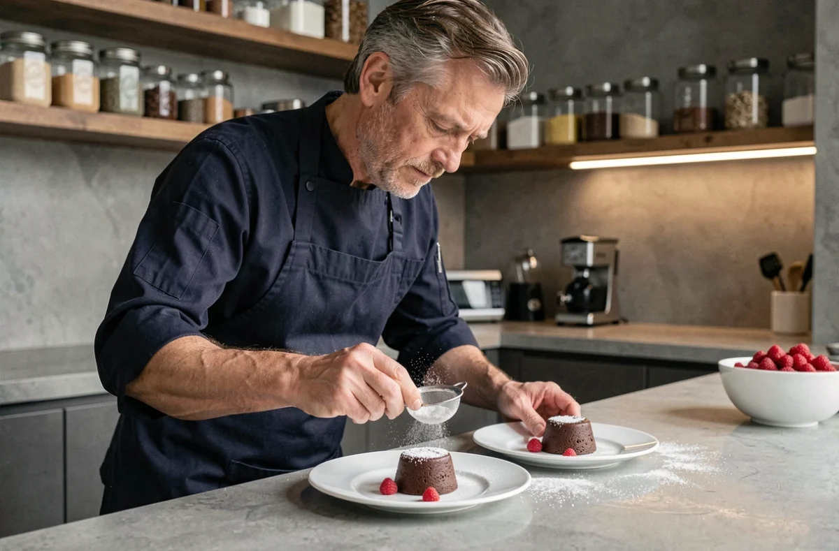 Homme dressant des fondants au chocolat maison sur des assiettes blanches dans une cuisine moderne