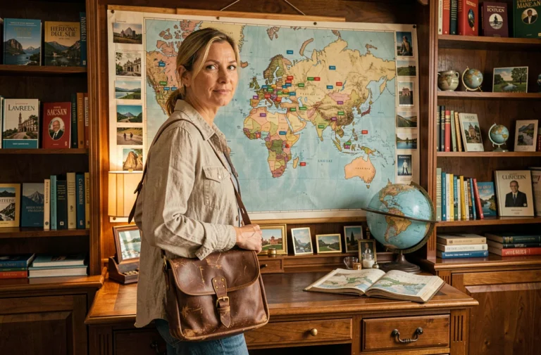 Une voyageuse contemplant une carte du monde ornée de repères colorés dans un bureau chaleureux rempli de guides de voyage et de souvenirs du monde entier
