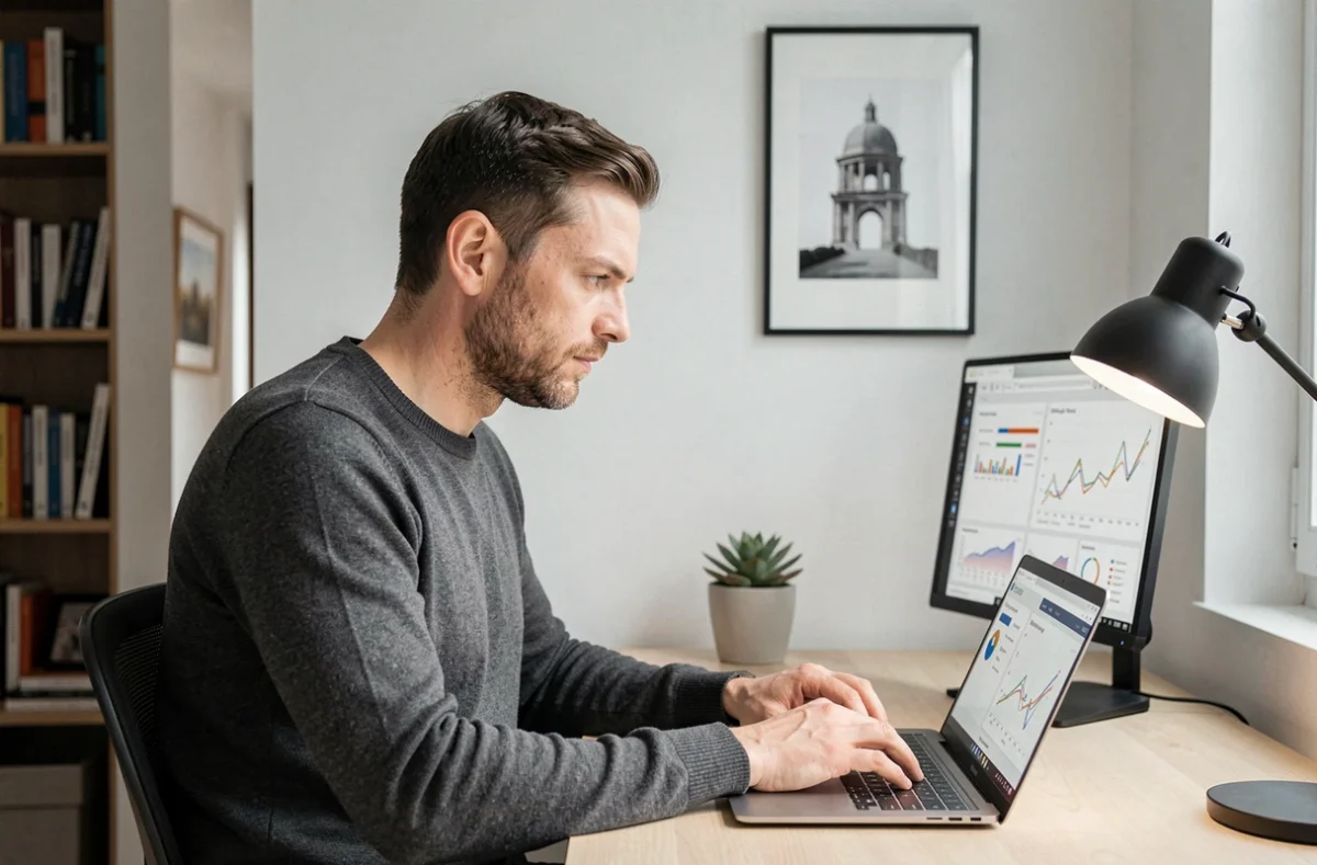 Entrepreneur masculin concentré analysant des tendances business sur ordinateur dans un bureau minimaliste