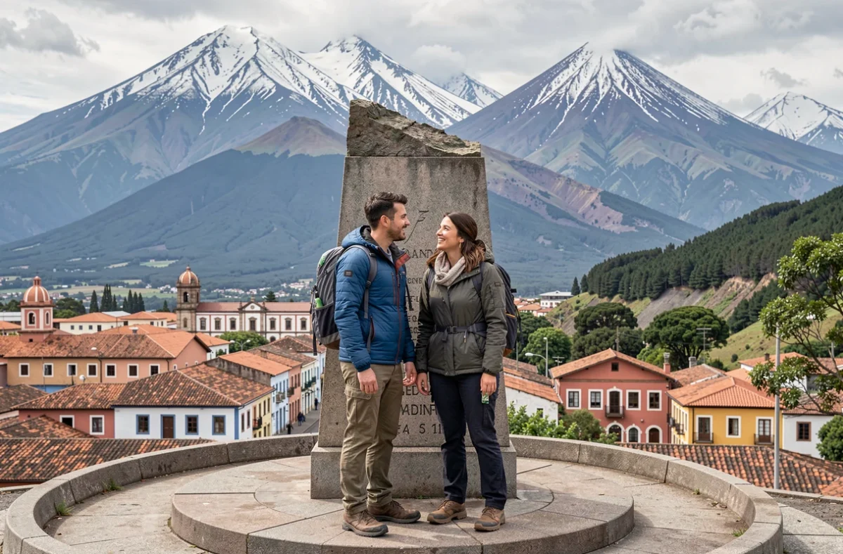 Un couple devant le monument de l'équateur à Quito avec les volcans andins enneigés et les toits coloniaux de la ville en arrière-plan en Équateur