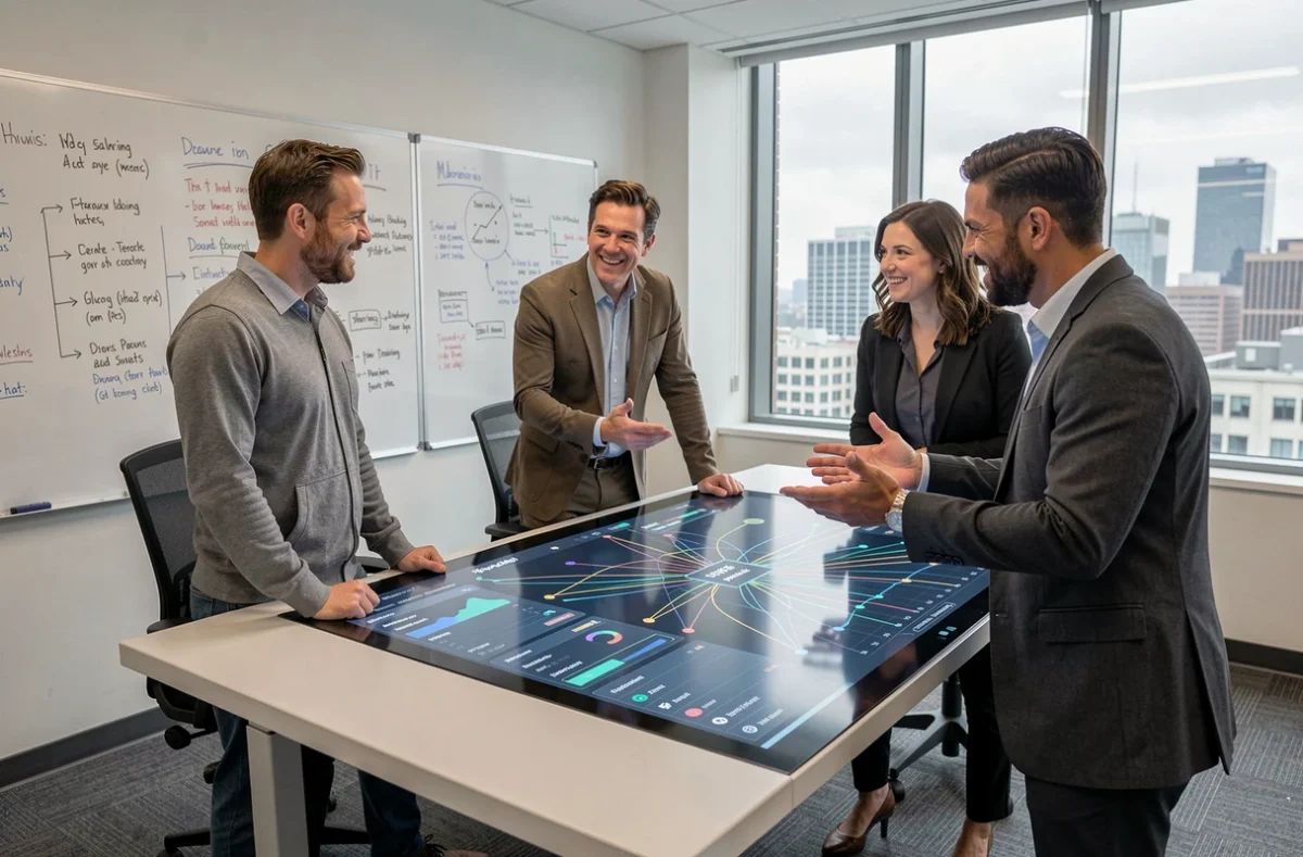 Équipe professionnelle collaborant autour d'une table tactile affichant une solution de gestion de données sur mesure