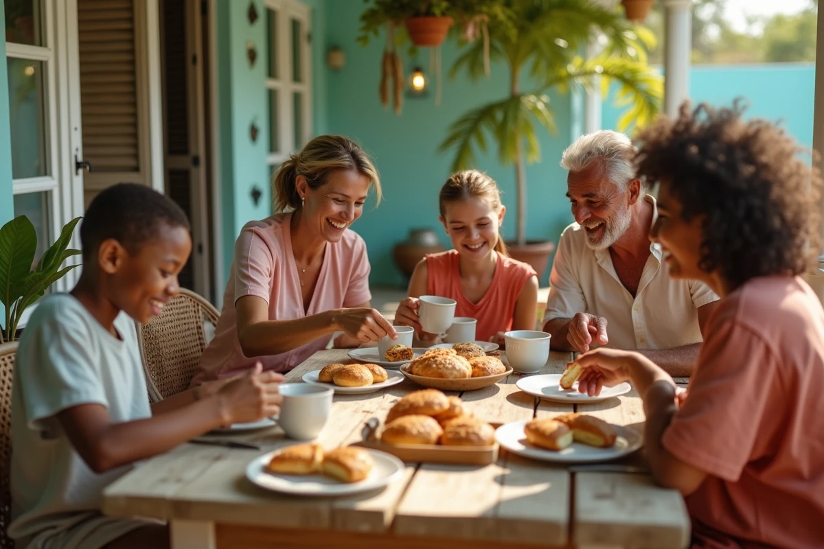 Famille antillaise autour d une table partageant du pain au beurre frais