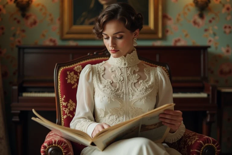 Femme élégante en 1910 lisant un magazine de mode