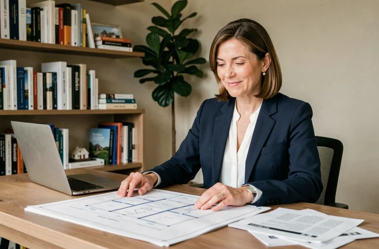 Femme professionnelle analysant des plans immobiliers et des documents financiers dans un bureau moderne pour réussir son investissement immobilier
