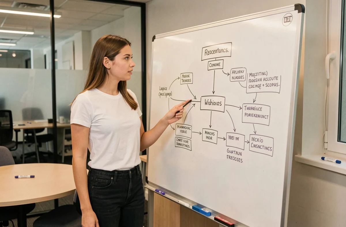 Jeune femme présentant l'architecture d'un site web sur un tableau blanc dans une salle de réunion