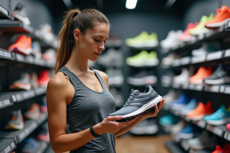 Femme athlète choisissant des chaussures de running dans un magasin de sport, tenant une paire de chaussures de performance