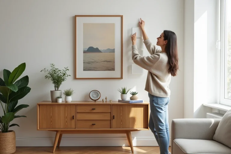 Jeune femme accrochant un tableau abstrait dans son salon