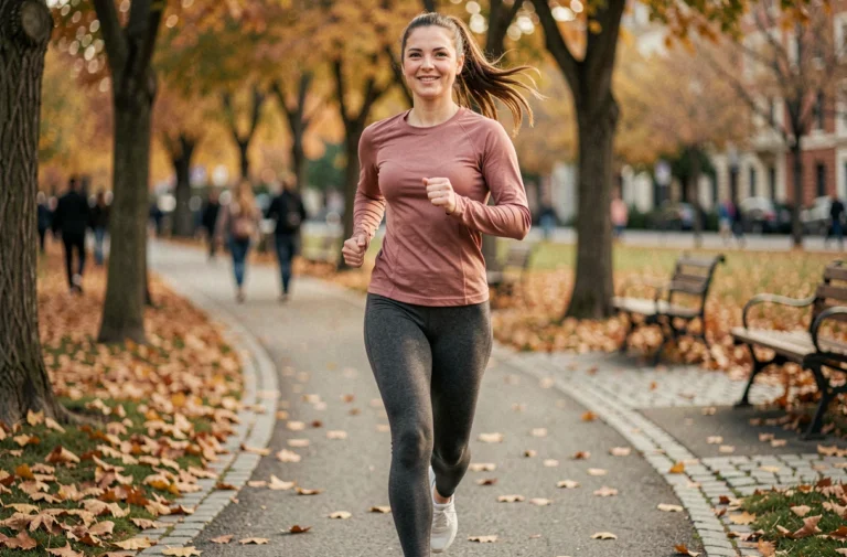 Femme qui fait du jogging dans un parc urbain en automne, intégrant le sport dans sa routine quotidienne