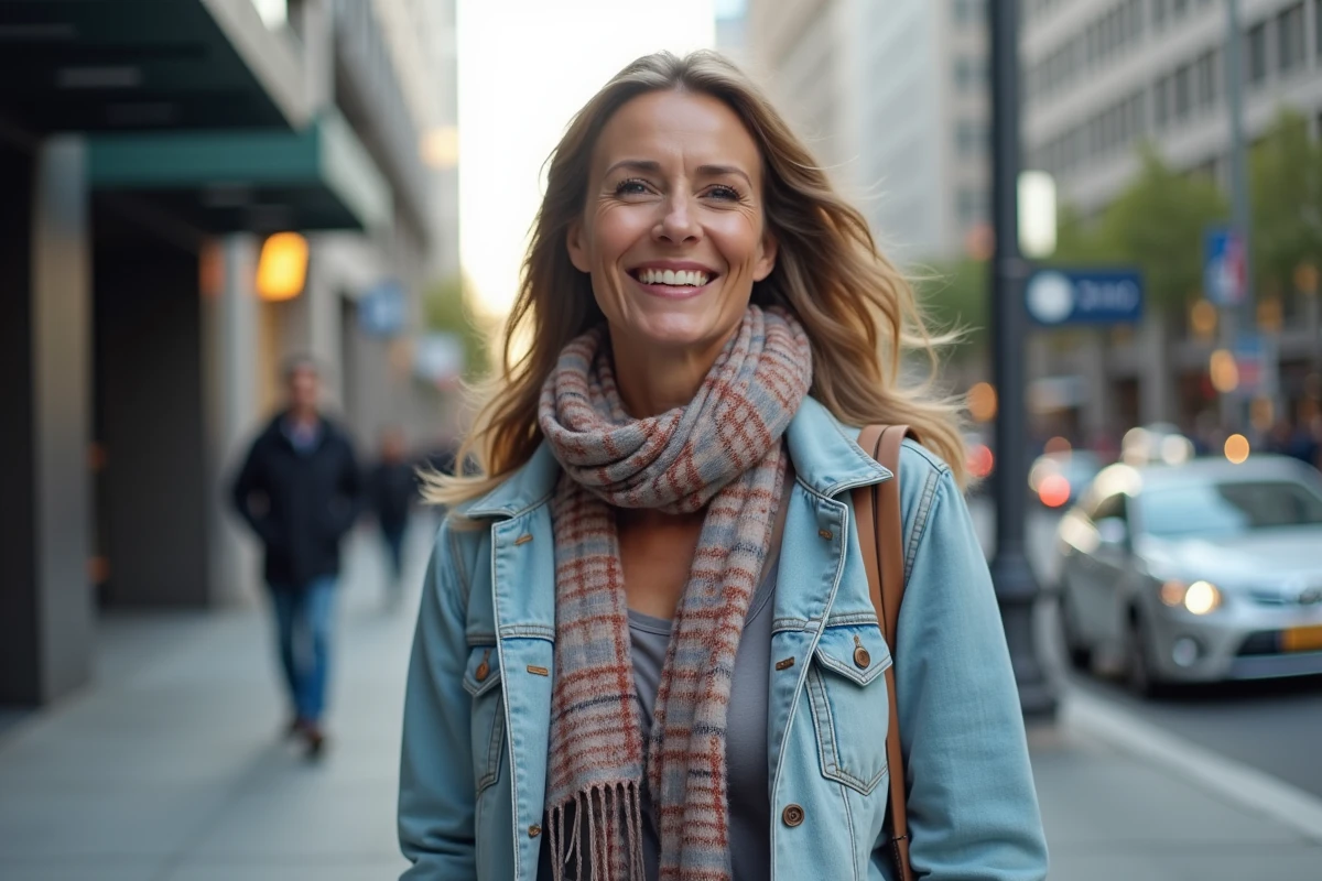 Femme décontractée marchant dans la ville en extérieur