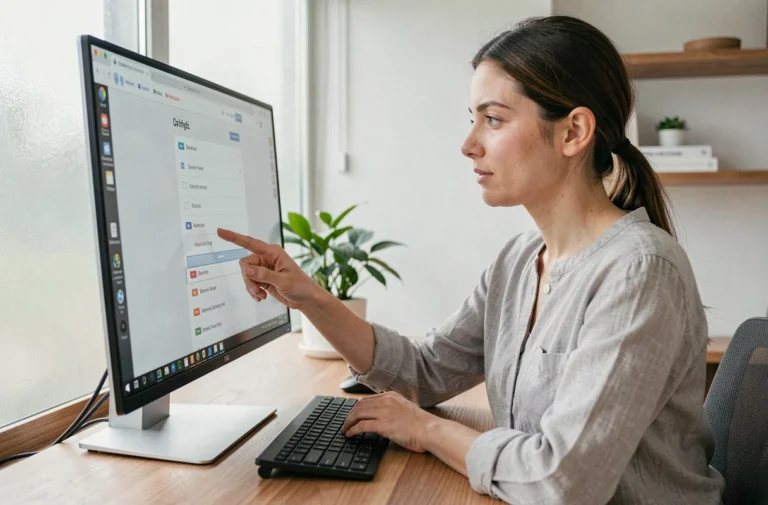 Femme consultant un plan de site web sur un grand écran dans un bureau moderne à domicile