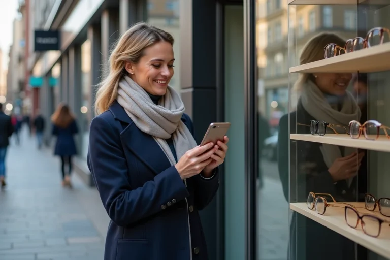 Femme souriante devant une boutique d'opticien avec lunettes