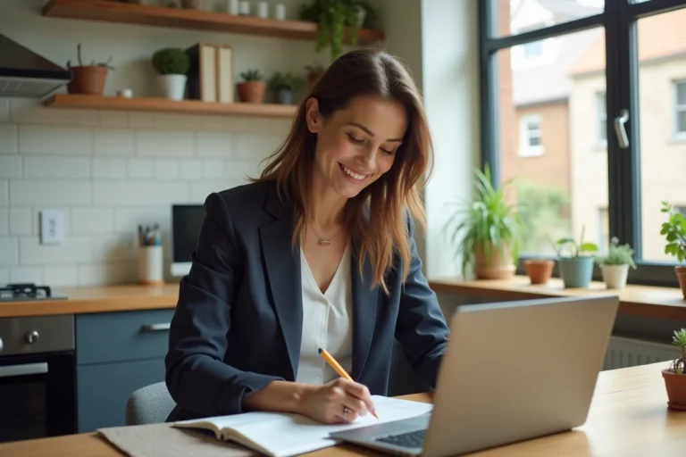 Femme souriante examine des annonces immobilières sur un ordinateur portable dans un appartement lumineux