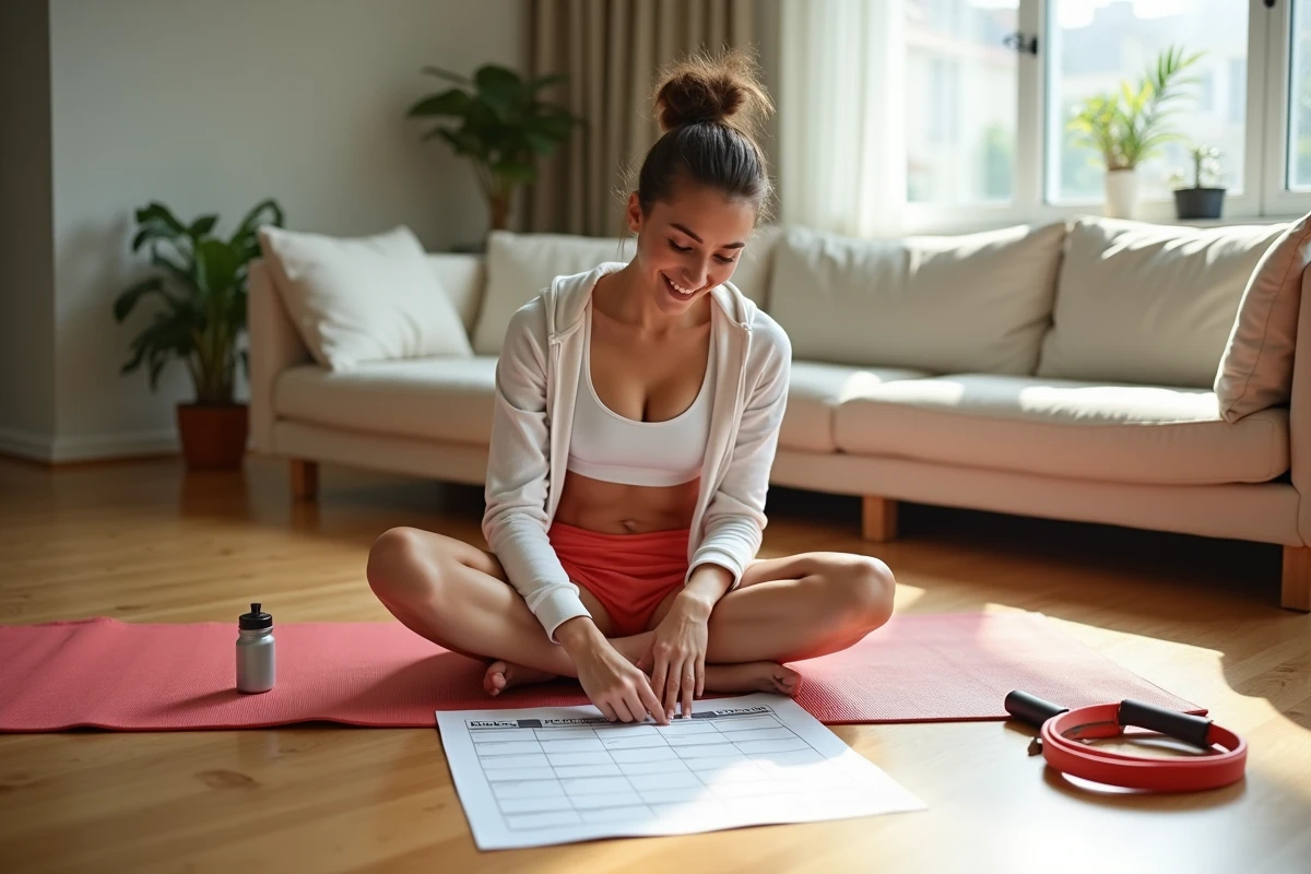 Jeune femme planifiant son programme de sport à domicile sur un tapis de yoga