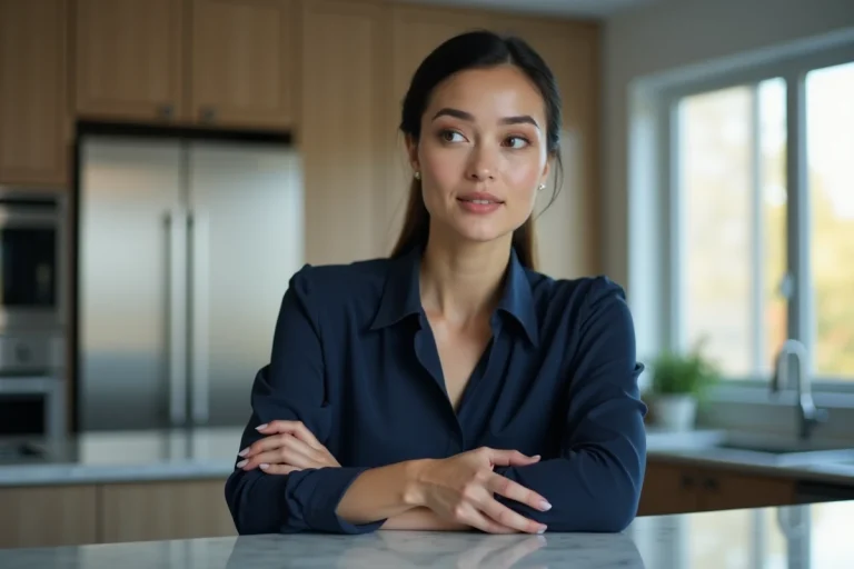 Femme en portrait naturel dans une cuisine moderne