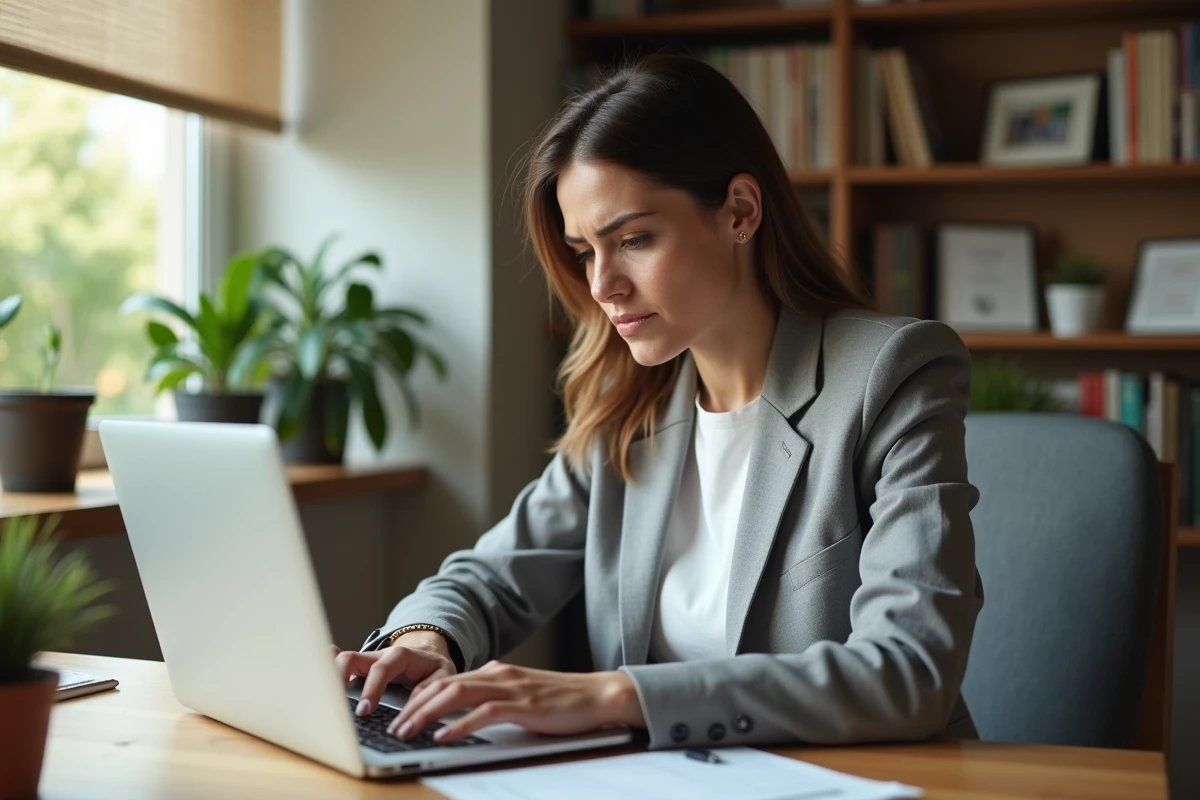 Femme frustrée devant un message d'erreur de connexion sur son ordinateur portable dans un bureau à domicile