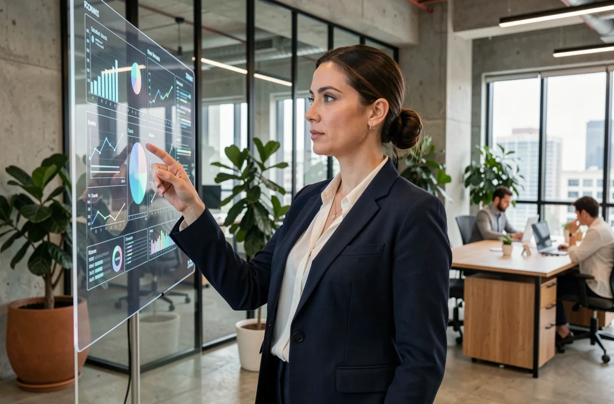 Femme professionnelle analysant des données numériques dans un bureau moderne et innovant