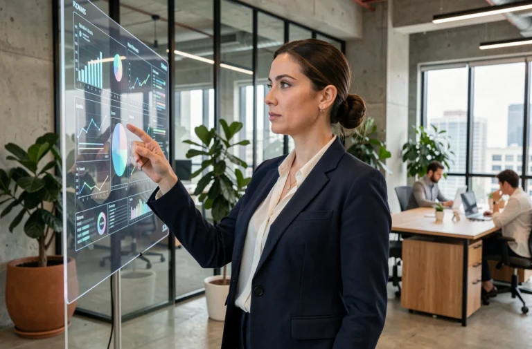 Femme professionnelle analysant des données numériques dans un bureau moderne et innovant