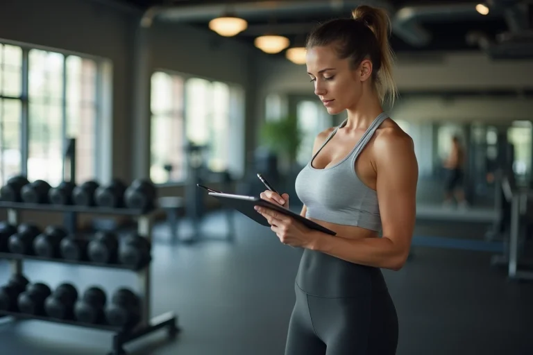 Femme sportive élaborant son programme d'entraînement dans une salle de sport moderne