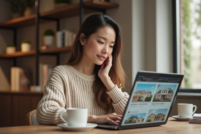 Femme consultant des annonces immobilières en ligne sur un ordinateur portable dans un bureau à domicile