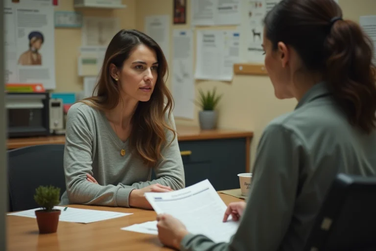 Une femme discute d'un refus d'adoption avec un agent de la SPA dans un bureau de refuge animalier