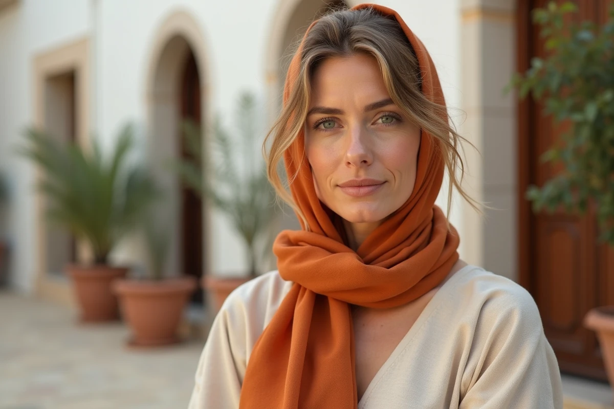 Femme portant un gavroche Hermès en fichu bohème noué sous le menton dans un village méditerranéen