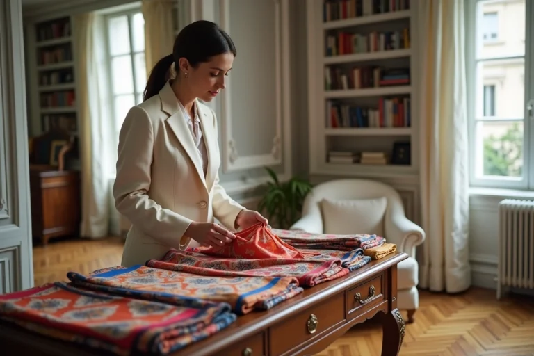 Femme élégante arrangeant plusieurs gavroches Hermès en soie colorés sur une coiffeuse en bois dans un appartement parisien
